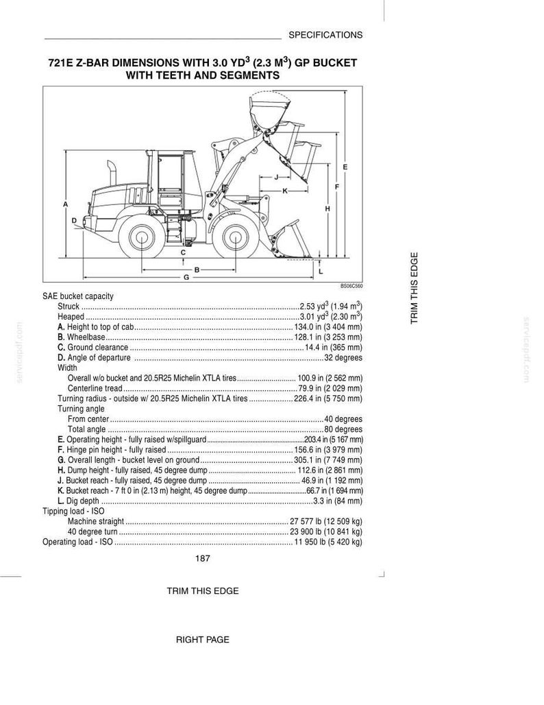 May include: Diagram of a 721E Z-Bar loader with dimensions and specifications. Includes measurements in inches and pounds, such as a 305.1-inch overall length and a 27,577-pound tipping load. The diagram also shows the bucket capacity and turning radius.