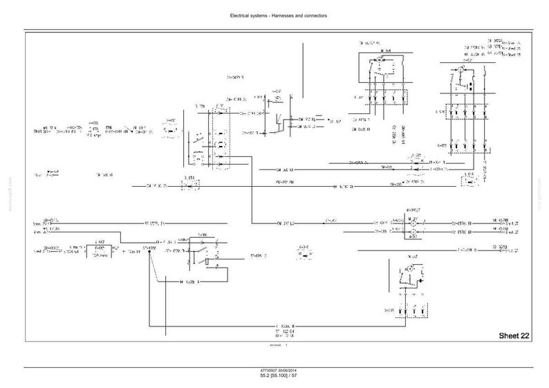 Op de afbeelding: Een technisch elektrisch schema getiteld Electrical systems - Harnesses and connectors, Sheet 22. Het document toont zwarte lijnen, symbolen en tekst die bedradingspaden, circuitcomponenten en verbindingspunten op een witte achtergrond weergeven.