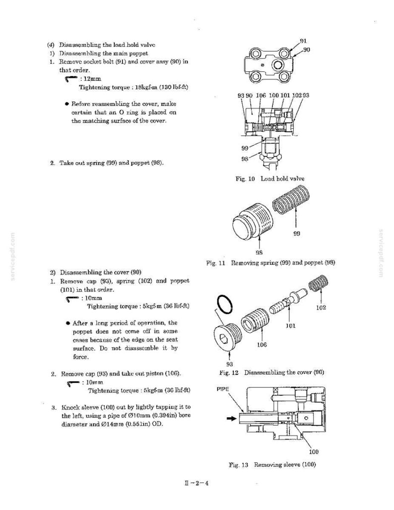 May include: A technical manual page detailing the disassembly of a load hold valve. It includes diagrams labeled Fig. 10, 11, 12, and 13, showing components like springs, poppets, pistons, and sleeves with specific torque settings of 130 lbf-ft and 36 lbf-ft.