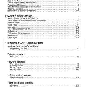 May include: A page from a manual titled "Contents" with a list of topics including "General Information," "Safety Information," and "Controls and Instruments." The text is black on a white background.