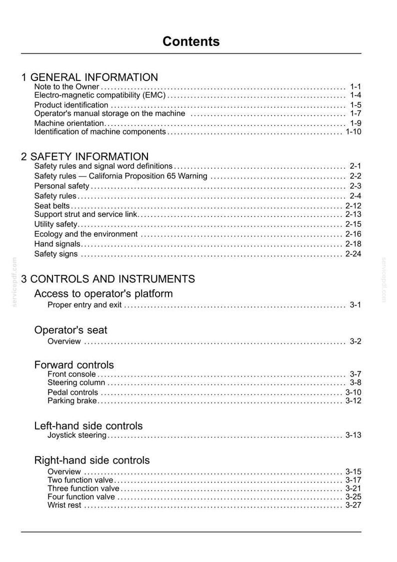 May include: A page from a manual titled "Contents" with a list of topics including "General Information," "Safety Information," and "Controls and Instruments." The text is black on a white background.