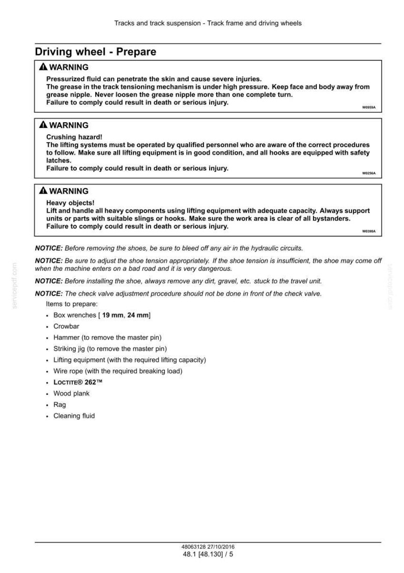 May include: A technical document with safety warnings and preparation instructions for a driving wheel. Includes warnings about pressurized fluids, crushing hazards, and heavy objects. Lists necessary tools like box wrenches (19 mm, 24 mm), crowbar, and hammer.