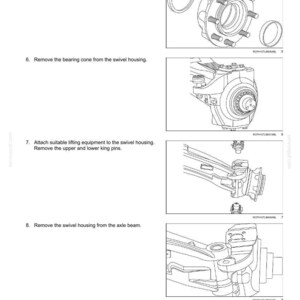 Puede incluir: Diagrama de un sistema de eje delantero no motorizado. La imagen muestra ilustraciones detalladas de la extracci&oacute;n de copas de rodamiento, conos de rodamiento y componentes de la carcasa giratoria. Las instrucciones de texto acompa&ntilde;an cada paso.