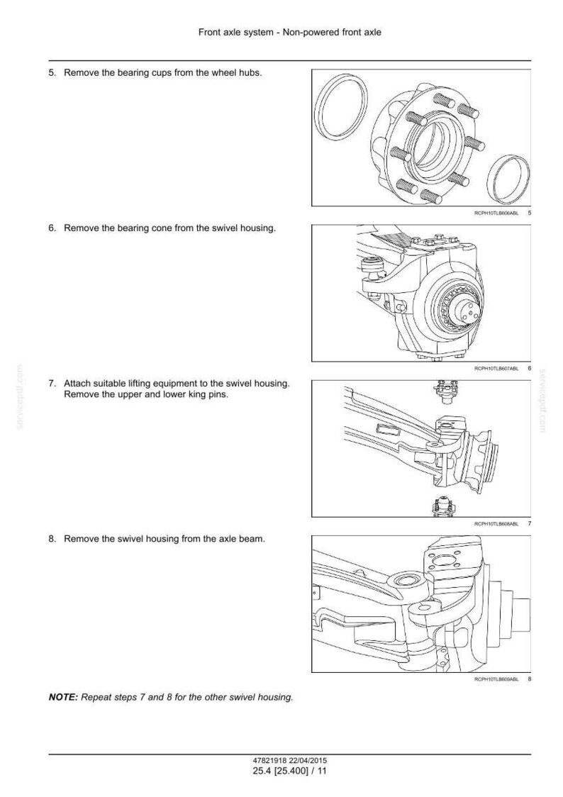 Puede incluir: Diagrama de un sistema de eje delantero no motorizado. La imagen muestra ilustraciones detalladas de la extracci&oacute;n de copas de rodamiento, conos de rodamiento y componentes de la carcasa giratoria. Las instrucciones de texto acompa&ntilde;an cada paso.