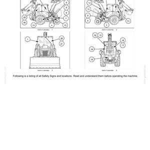 May include: Diagram of a backhoe loader with numbered safety sign locations. The image includes four views of the machine, with callouts pointing to various components and safety features. Text at the bottom advises reading and understanding safety signs.