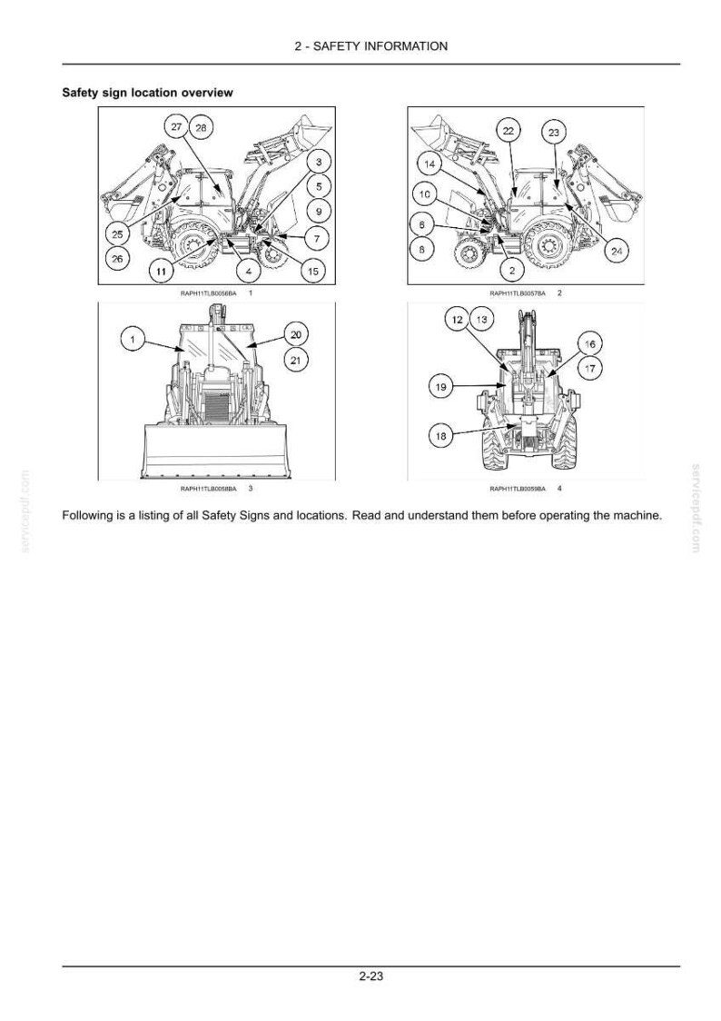 May include: Diagram of a backhoe loader with numbered safety sign locations. The image includes four views of the machine, with callouts pointing to various components and safety features. Text at the bottom advises reading and understanding safety signs.