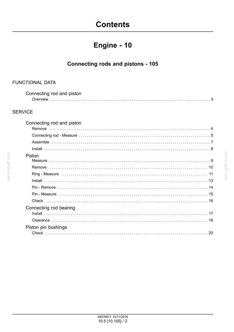 Peut inclure: Une page blanche avec le titre "Sommaire" et le titre "Moteur - 10". Le document r&eacute;pertorie les sections sur les bielles, les pistons et les proc&eacute;dures de service associ&eacute;es, y compris le retrait, la mesure et l'installation.