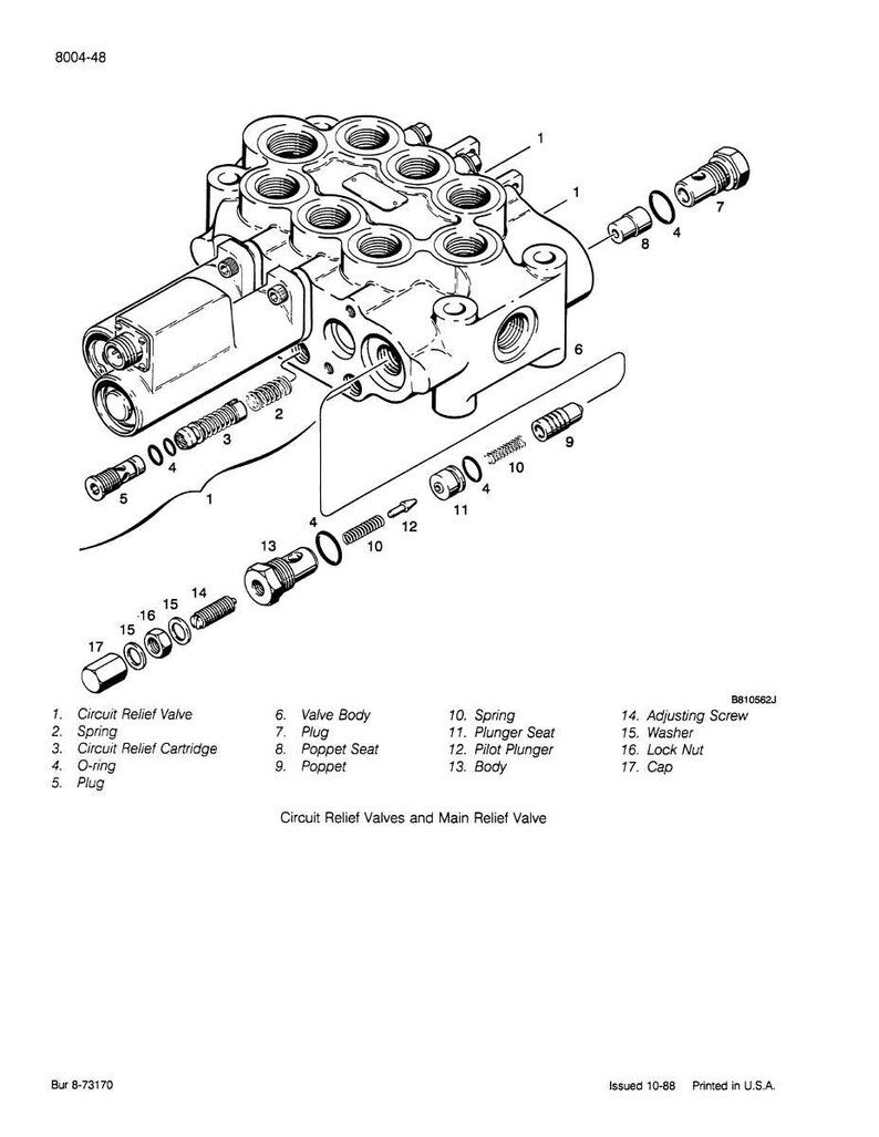 May include: An exploded diagram of a hydraulic valve assembly, labeled with part numbers and names. Components include a valve body, springs, plugs, and a circuit relief cartridge. The diagram is in black and white.