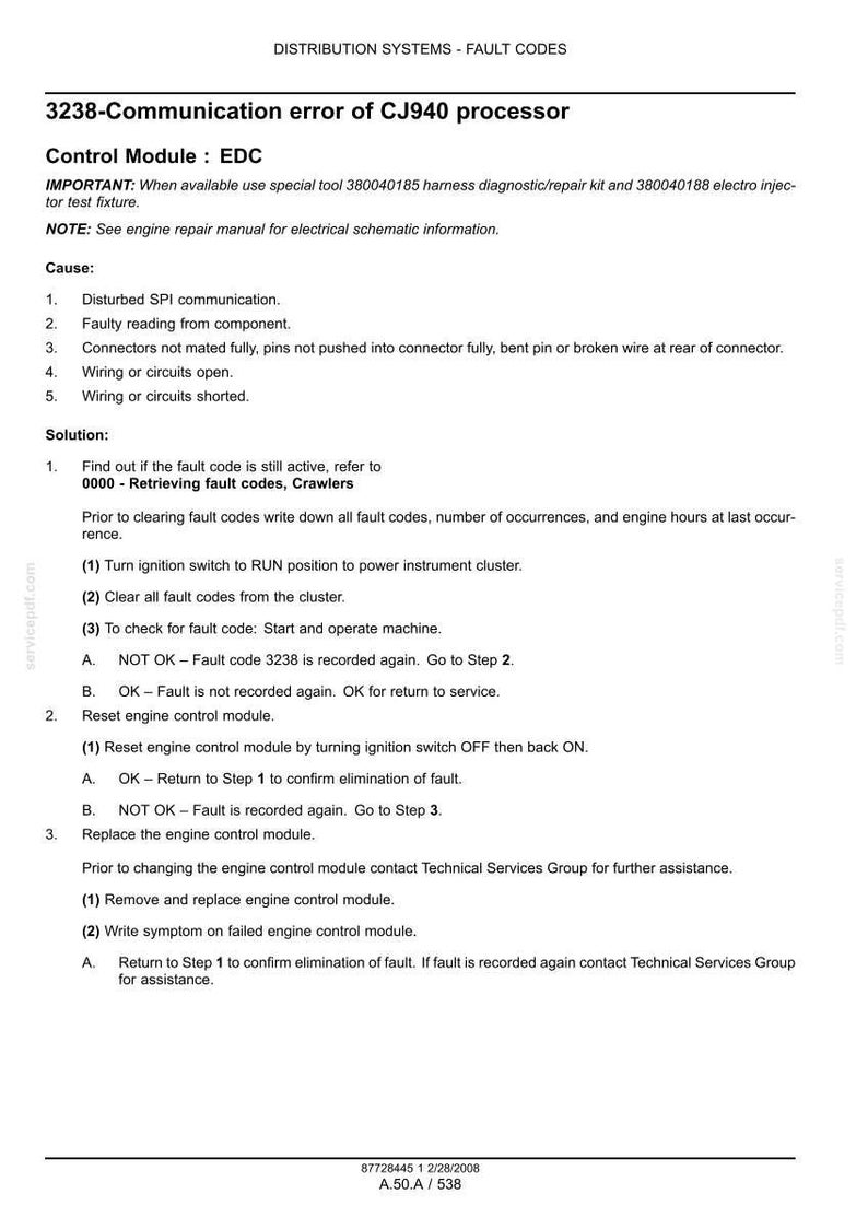 May include: A document detailing fault codes for a CJ940 processor, including causes like disturbed communication and wiring issues. It provides a step-by-step solution for troubleshooting and resolving the communication error.