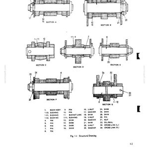 Pode incluir: Um desenho estrutural t&eacute;cnico rotulado como Fig. 1-1, mostrando sete vistas de se&ccedil;&atilde;o transversal de um conjunto mec&acirc;nico. O diagrama ilustra v&aacute;rios pinos, buchas, cal&ccedil;os, porcas, arruelas e elos, com uma lista de pe&ccedil;as numeradas de 1 a 34.