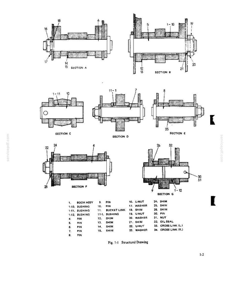 Pode incluir: Um desenho estrutural t&eacute;cnico rotulado como Fig. 1-1, mostrando sete vistas de se&ccedil;&atilde;o transversal de um conjunto mec&acirc;nico. O diagrama ilustra v&aacute;rios pinos, buchas, cal&ccedil;os, porcas, arruelas e elos, com uma lista de pe&ccedil;as numeradas de 1 a 34.