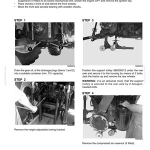 May include: A technical diagram detailing the removal of a tractor's rear axle. The image shows step-by-step instructions with close-up views of the tractor's components, including drainage plugs, towing bracket, and air reservoir. Text instructions accompany each step.