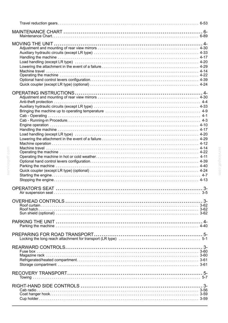 May include: A detailed table of contents from a manual, listing sections like "Maintenance Chart," "Moving the Unit," and "Operating Instructions." The text is black on a white background, with page numbers.