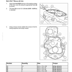 May include: Diagram of engine components with labels and specifications for rear cover installation. Includes a table with screw sizes and torque values in lb ft. Instructions detail applying silicone and tightening screws.