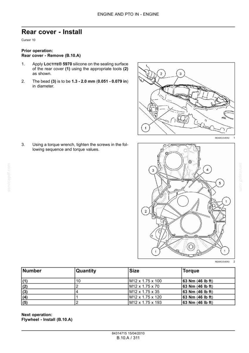 May include: Diagram of engine components with labels and specifications for rear cover installation. Includes a table with screw sizes and torque values in lb ft. Instructions detail applying silicone and tightening screws.