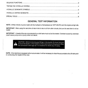 May include: A white printed document with the title "TABLE OF CONTENTS" and sections on hydraulic systems and testing. Includes safety warnings and notes about hydraulic oil temperature and accumulator shut off valves. Printed in the U.S.A.