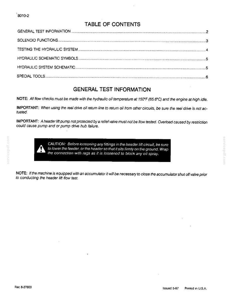 May include: A white printed document with the title "TABLE OF CONTENTS" and sections on hydraulic systems and testing. Includes safety warnings and notes about hydraulic oil temperature and accumulator shut off valves. Printed in the U.S.A.