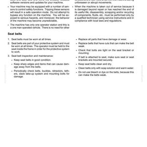 May include: A technical document page titled 2-SAFETY INFORMATION containing text about machine operation, safety sensors, and seat belt maintenance. The text outlines requirements for wearing seat belts, inspecting for damage, and cleaning instructions.