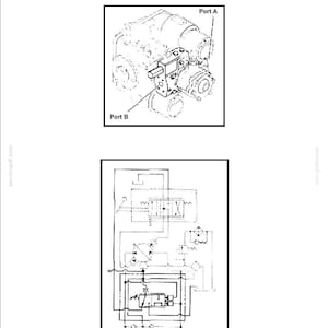 May include: Page from a manual titled "Hydraulic Components Repair." The image includes a diagram of a hydraulic component with labels "Port A" and "Port B," and a schematic diagram of a hydraulic system.