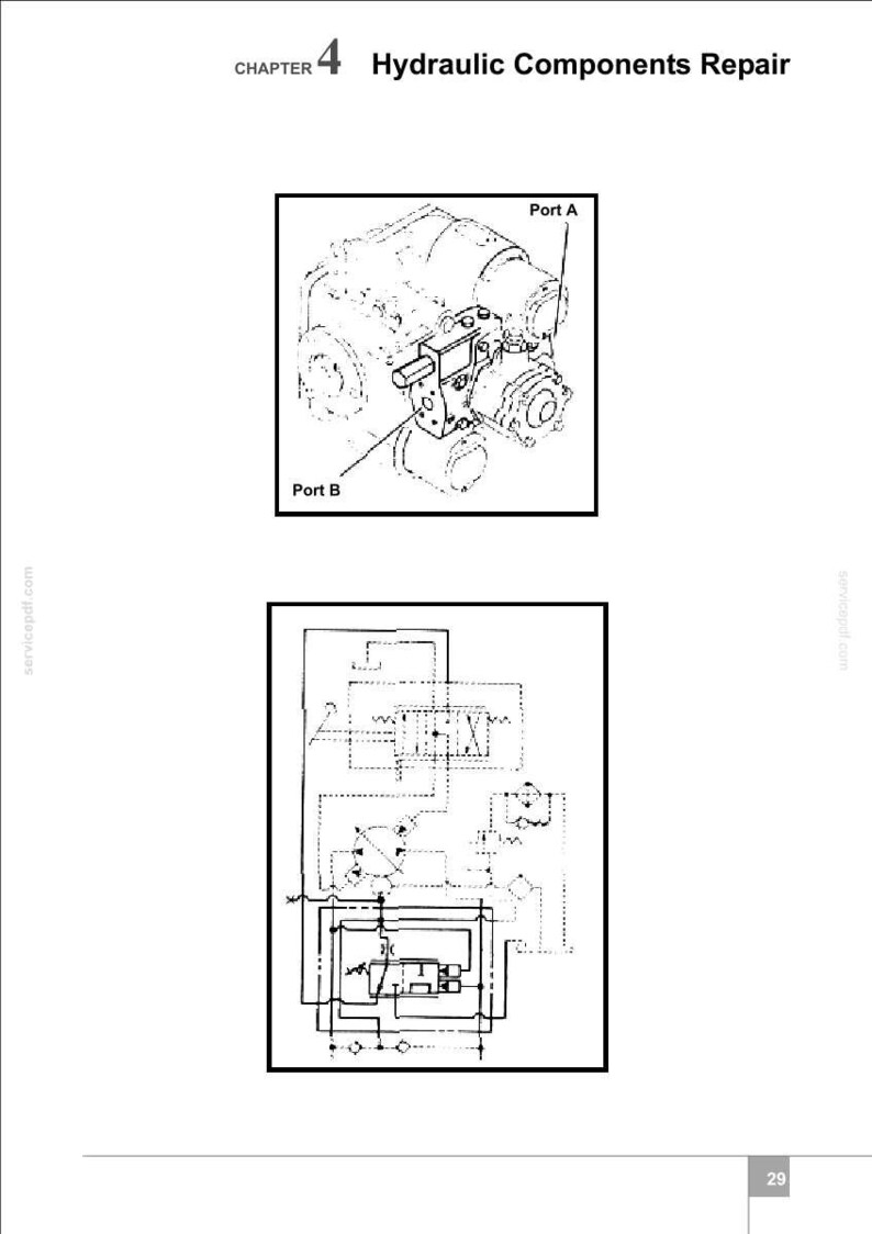 May include: Page from a manual titled "Hydraulic Components Repair." The image includes a diagram of a hydraulic component with labels "Port A" and "Port B," and a schematic diagram of a hydraulic system.