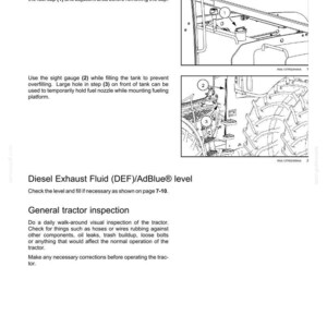 May include: A technical manual page titled 7-MAINTENANCE containing instructions for checking fuel levels and general tractor inspection. It features two black and white line drawings showing a fuel cap labeled 1, a sight gauge labeled 2, and a step labeled 3.