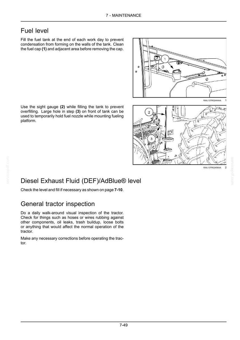 May include: A technical manual page titled 7-MAINTENANCE containing instructions for checking fuel levels and general tractor inspection. It features two black and white line drawings showing a fuel cap labeled 1, a sight gauge labeled 2, and a step labeled 3.
