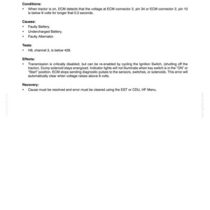 May include: A technical document page titled Section 21 Transmissions Chapter 3, detailing Fault Code 74 regarding ECM supply voltage being too low. It lists conditions, causes, tests, effects, and recovery steps for tractor transmission diagnostics.