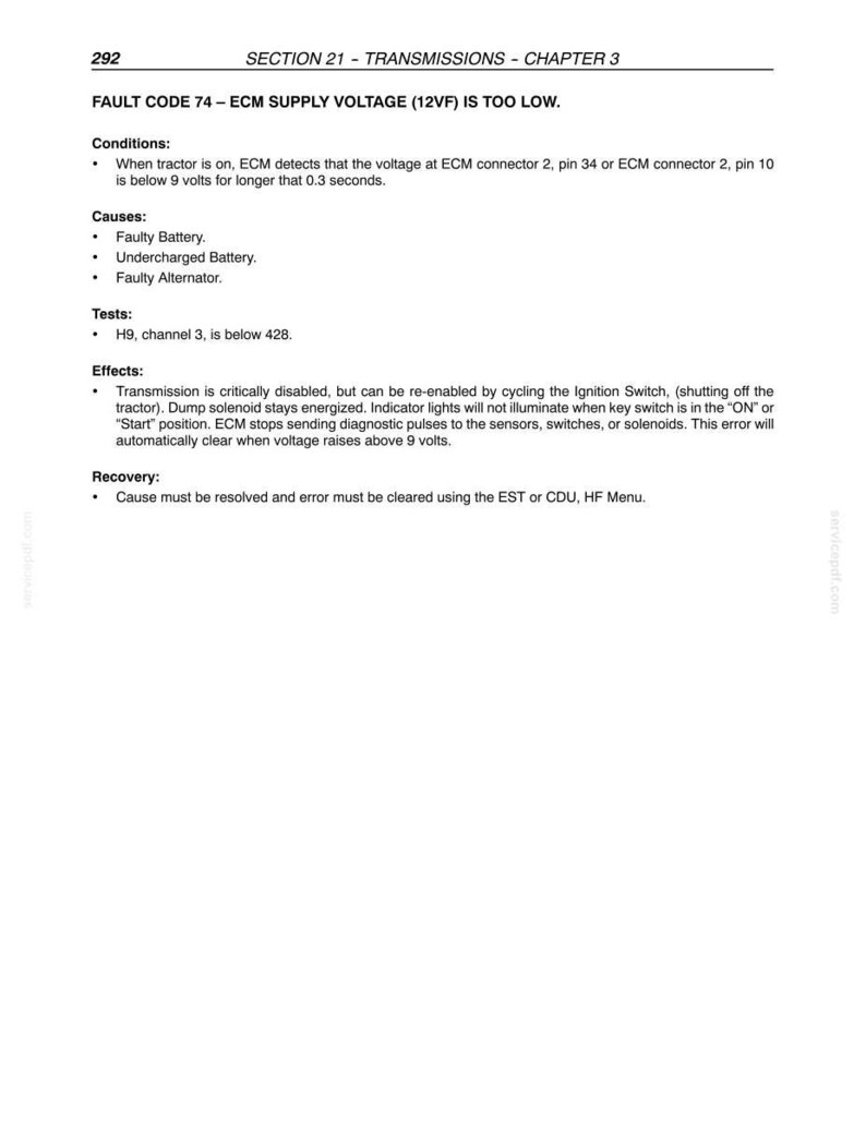 May include: A technical document page titled Section 21 Transmissions Chapter 3, detailing Fault Code 74 regarding ECM supply voltage being too low. It lists conditions, causes, tests, effects, and recovery steps for tractor transmission diagnostics.