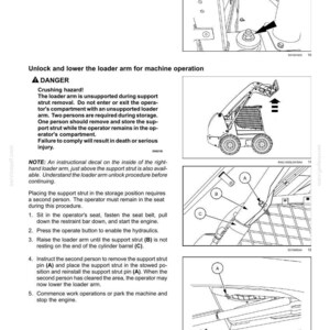 K&ouml;nnte beinhalten: Diagramm zur Bedienung eines Laderarms mit Sicherheitshinweisen. Enth&auml;lt Schritte zum Entfernen und Verstauen der St&uuml;tze, mit Warnungen vor Quetschgefahr. Mit Illustrationen der Maschine und ihrer Komponenten.
