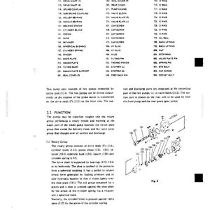May include: A technical document page featuring a numbered parts list for a pump assembly, including components like drive shafts, bearings, and pistons, alongside a detailed black and white exploded view diagram labeled Fig. 3 showing mechanical parts.