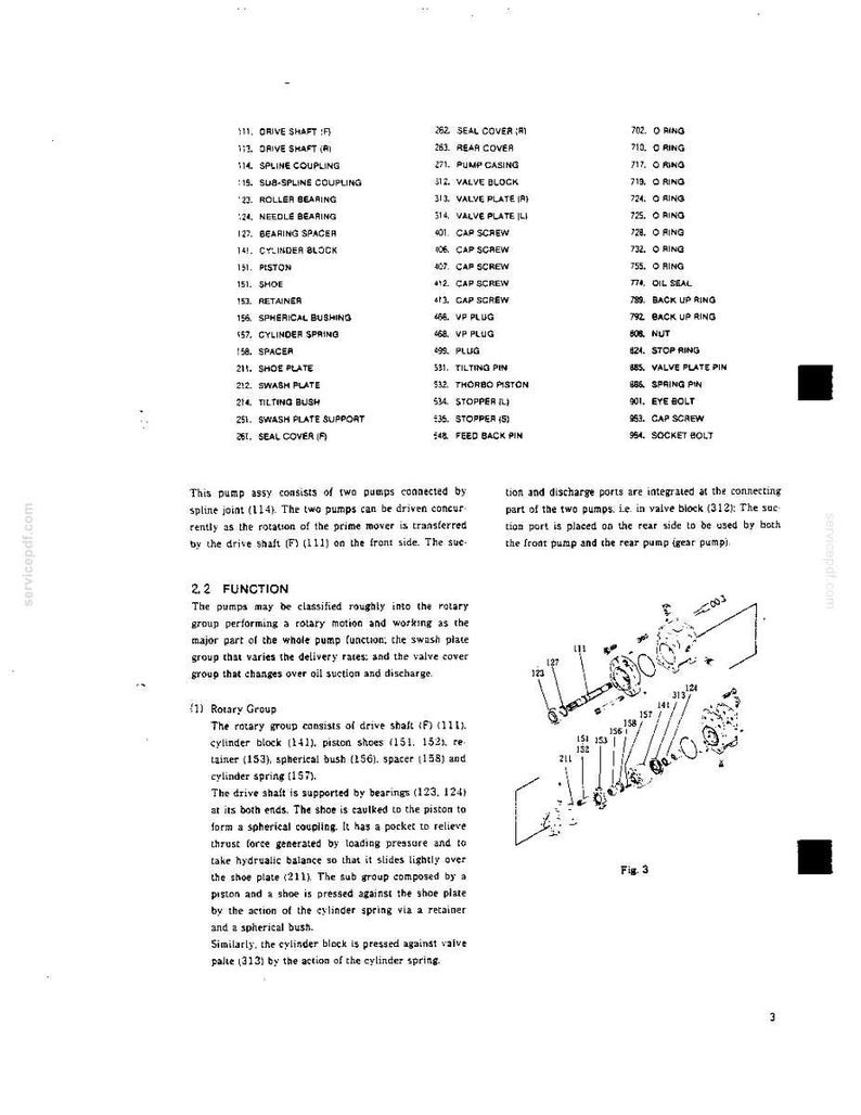 May include: A technical document page featuring a numbered parts list for a pump assembly, including components like drive shafts, bearings, and pistons, alongside a detailed black and white exploded view diagram labeled Fig. 3 showing mechanical parts.