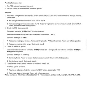 May include: Diagnostic guide for electrical systems, displaying fault code 5027, indicating a short to ground in the PTO solenoid. Includes troubleshooting steps, connector X-159 details, and expected resistance readings. Wiring harness schematic sheet 15.