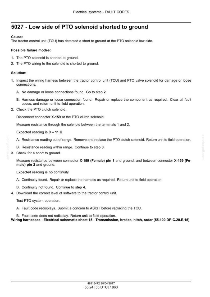 May include: Diagnostic guide for electrical systems, displaying fault code 5027, indicating a short to ground in the PTO solenoid. Includes troubleshooting steps, connector X-159 details, and expected resistance readings. Wiring harness schematic sheet 15.