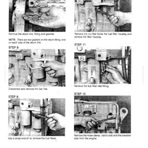 May include: A page from a manual with step-by-step instructions for engine maintenance. The steps include removing fuel lines, filters, and fittings. Text includes "Remove the return line, fitting and gaskets" and "Use a strap wrench to remove the fuel filters."