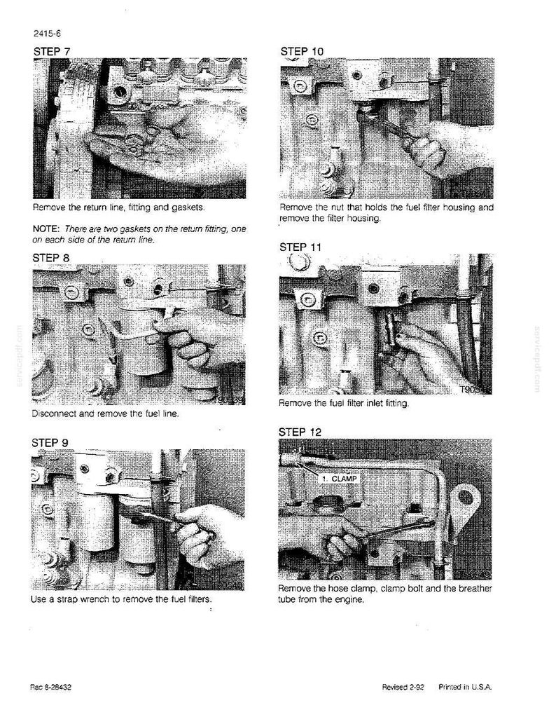 May include: A page from a manual with step-by-step instructions for engine maintenance. The steps include removing fuel lines, filters, and fittings. Text includes "Remove the return line, fitting and gaskets" and "Use a strap wrench to remove the fuel filters."