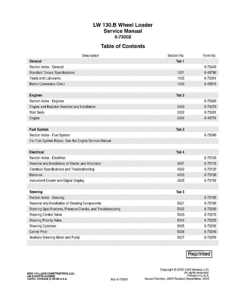 May include: A white and black printed service manual for the LW 130.B Wheel Loader. The manual's table of contents includes sections on engines, fuel systems, electrical components, and steering. The cover displays the title and manual number.