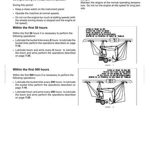 May include: A technical manual page titled 7-MAINTENANCE detailing break-in periods and lubrication schedules for heavy machinery. It includes text instructions and two black-and-white line drawings of an excavator showing lubrication points.