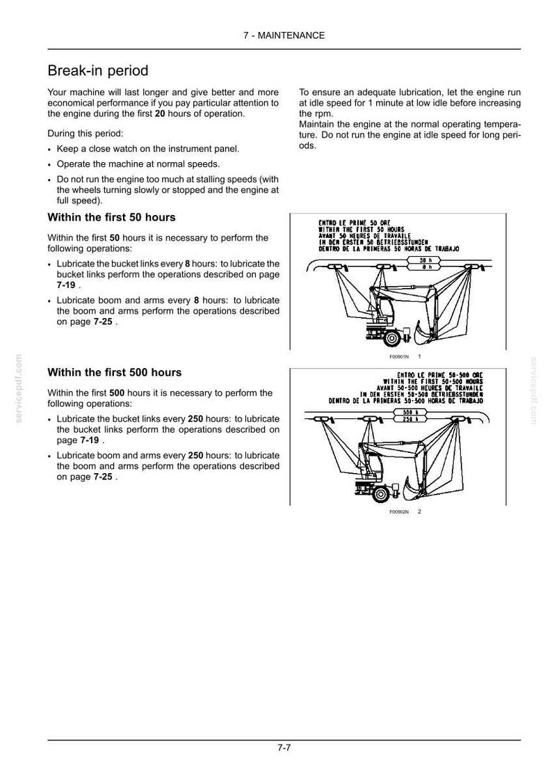 May include: A technical manual page titled 7-MAINTENANCE detailing break-in periods and lubrication schedules for heavy machinery. It includes text instructions and two black-and-white line drawings of an excavator showing lubrication points.