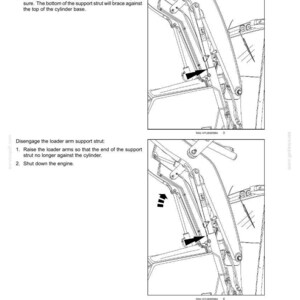 May include: Diagram of a loader arm with arrows indicating movement and text instructions for maintenance. The image includes text about avoiding pressure and disengaging the support strut.