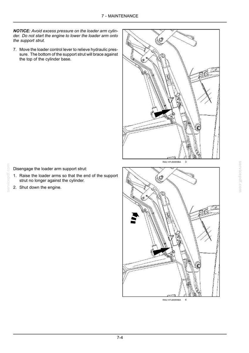 May include: Diagram of a loader arm with arrows indicating movement and text instructions for maintenance. The image includes text about avoiding pressure and disengaging the support strut.