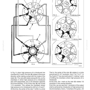 Op de afbeelding: Diagram van een zwenkmotor, met zijn componenten en werkingsfasen. De afbeelding bevat gelabelde diagrammen met pijlen, cirkels en tekst, die de werking en beweging van de motor in detail beschrijven. De tekst bevat metingen en technische termen.