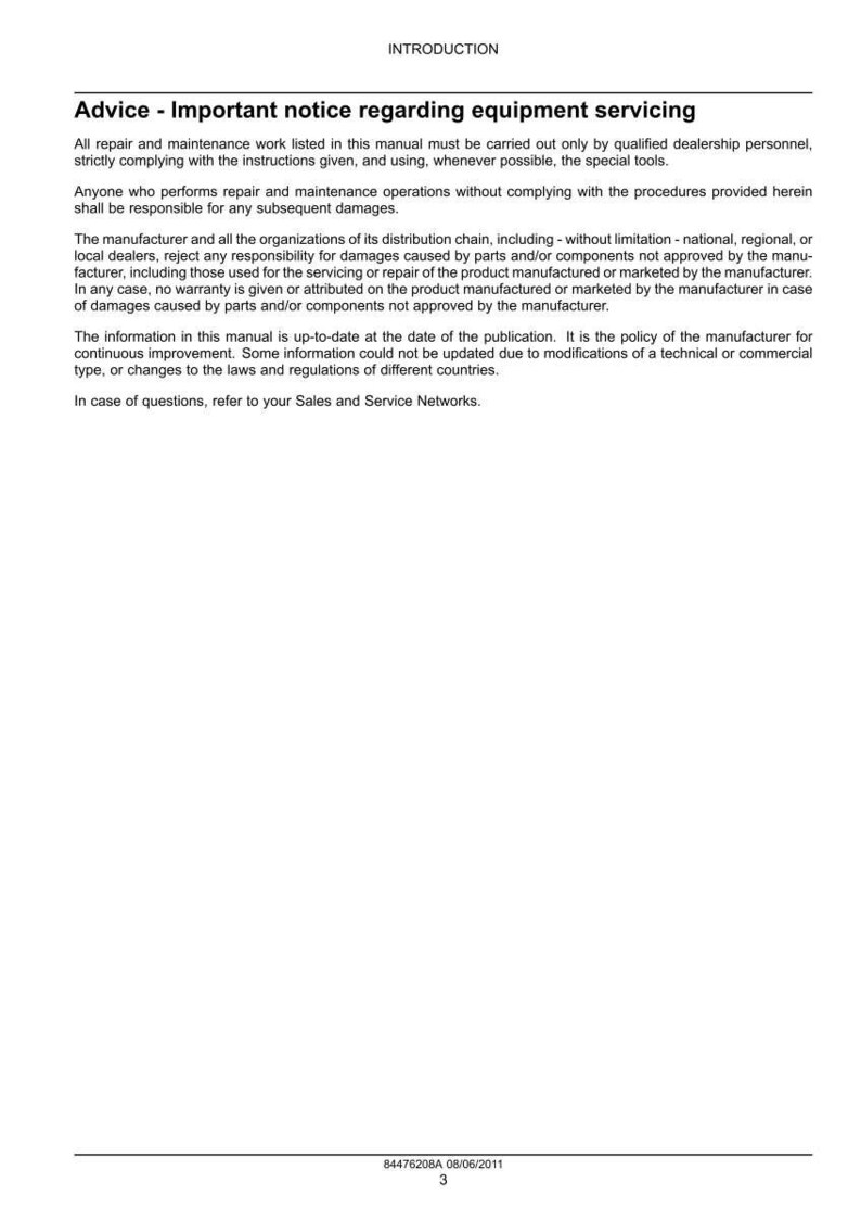 May include: A white document with the title "Advice - Important notice regarding equipment servicing". The text details instructions for repair and maintenance, emphasizing qualified personnel and special tools. Includes a notice about damages.