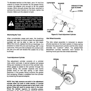 Puede incluir: Diagrama t&eacute;cnico de un sistema mec&aacute;nico, con componentes etiquetados como un tubo de cilindro, pist&oacute;n y resorte. El texto explica el ajuste de la oruga y el montaje de la rueda tensora.