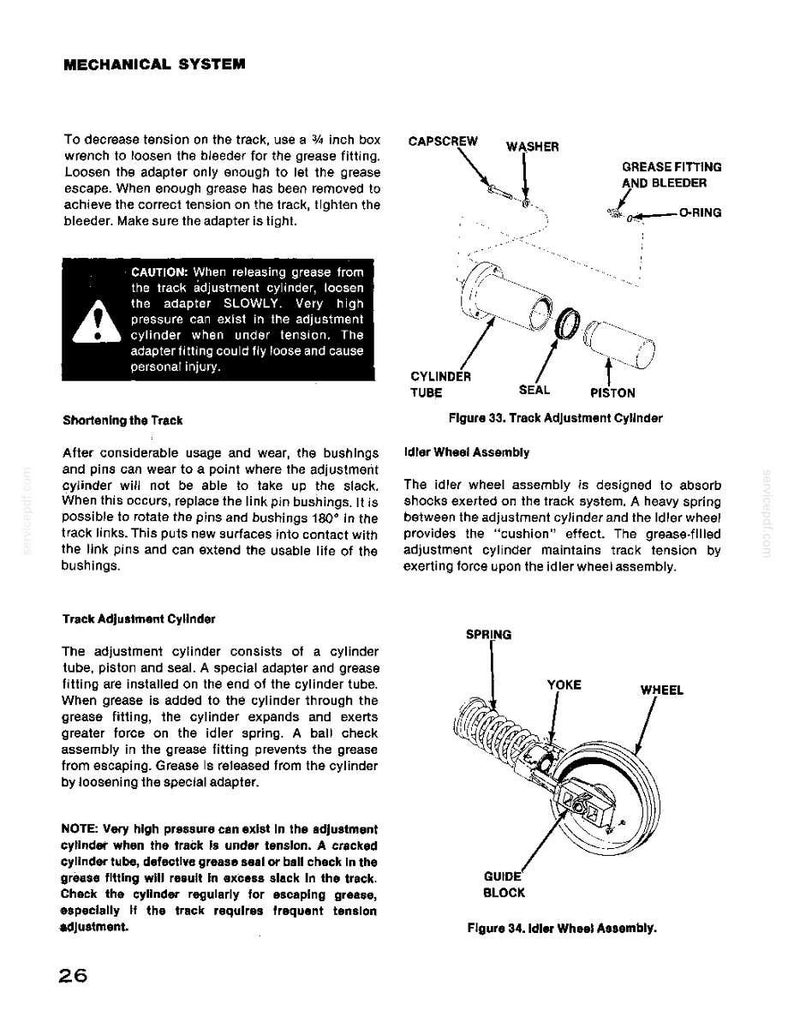 Puede incluir: Diagrama t&eacute;cnico de un sistema mec&aacute;nico, con componentes etiquetados como un tubo de cilindro, pist&oacute;n y resorte. El texto explica el ajuste de la oruga y el montaje de la rueda tensora.