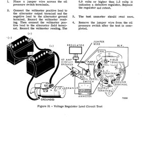 Peut inclure: Sch&eacute;ma illustrant un test de circuit de charge de r&eacute;gulateur de tension. L'image comprend un sch&eacute;ma de c&acirc;blage avec un r&eacute;gulateur, un amp&egrave;rem&egrave;tre et un disjoncteur, ainsi que des instructions textuelles.