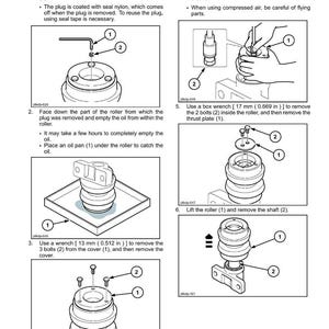 May include: Diagram illustrating the assembly and disassembly of an upper roller. Instructions include using a hexagon wrench, removing the cover, and removing bolts. Measurements are provided in inches and millimeters.