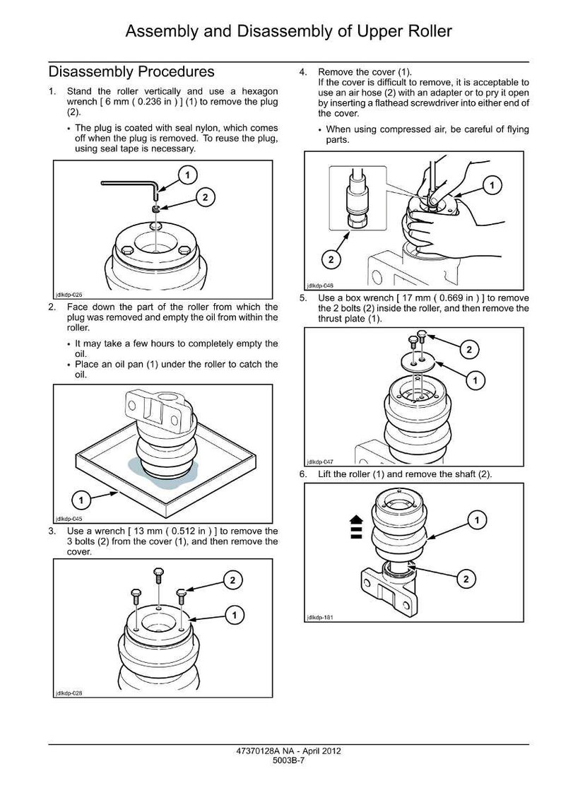 May include: Diagram illustrating the assembly and disassembly of an upper roller. Instructions include using a hexagon wrench, removing the cover, and removing bolts. Measurements are provided in inches and millimeters.