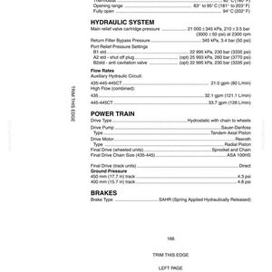May include: A detailed technical specifications sheet with headings for Cooling System, Hydraulic System, Power Train, and Brakes. Includes measurements in psi, inches, and degrees Fahrenheit. The text includes the number 166.