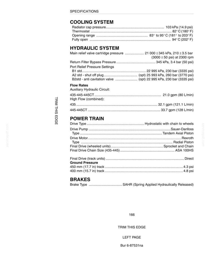 May include: A detailed technical specifications sheet with headings for Cooling System, Hydraulic System, Power Train, and Brakes. Includes measurements in psi, inches, and degrees Fahrenheit. The text includes the number 166.
