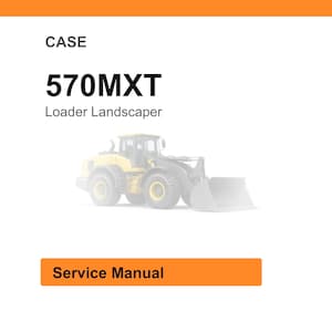 Puede incluir: Imagen de fondo blanco con la palabra "CASE" en la parte superior. Debajo est&aacute; el texto "570MXT Loader Landscaper". Una cargadora amarilla y gris en el centro. En la parte inferior hay un rect&aacute;ngulo naranja con las palabras "Service Manual".